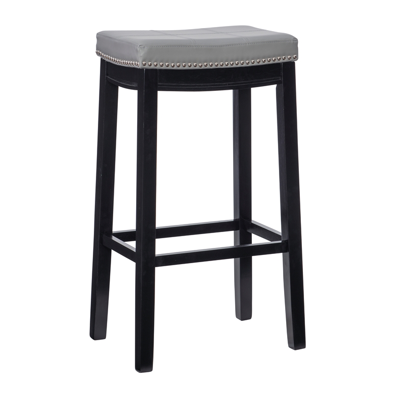 Home Square 2 Piece PU Upholstery Wood Bar Stool Set in Gray