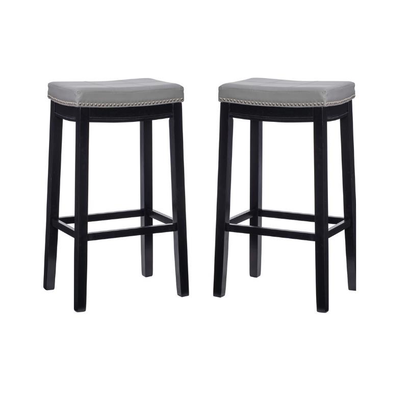 Home Square 2 Piece PU Upholstery Wood Bar Stool Set in Gray
