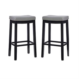 Home Square 2 Piece PU Upholstery Wood Bar Stool Set in Gray