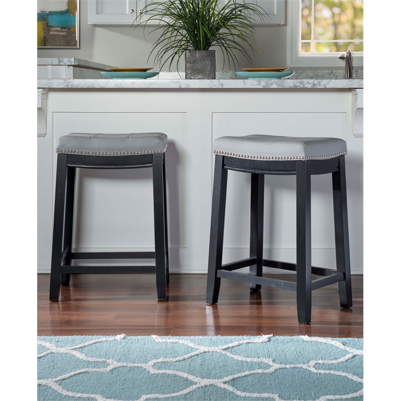Home Square 2 Piece PU Upholstery Wood Counter Stool Set in Gray