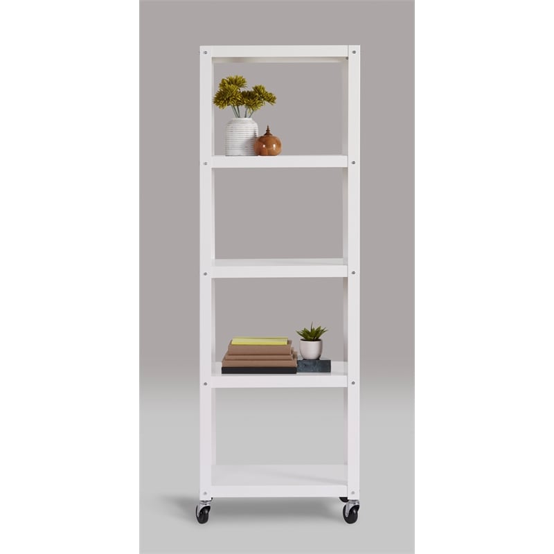Home Square 5 Shelf Mobile Wood Bookcase Set in White (Set of 2)