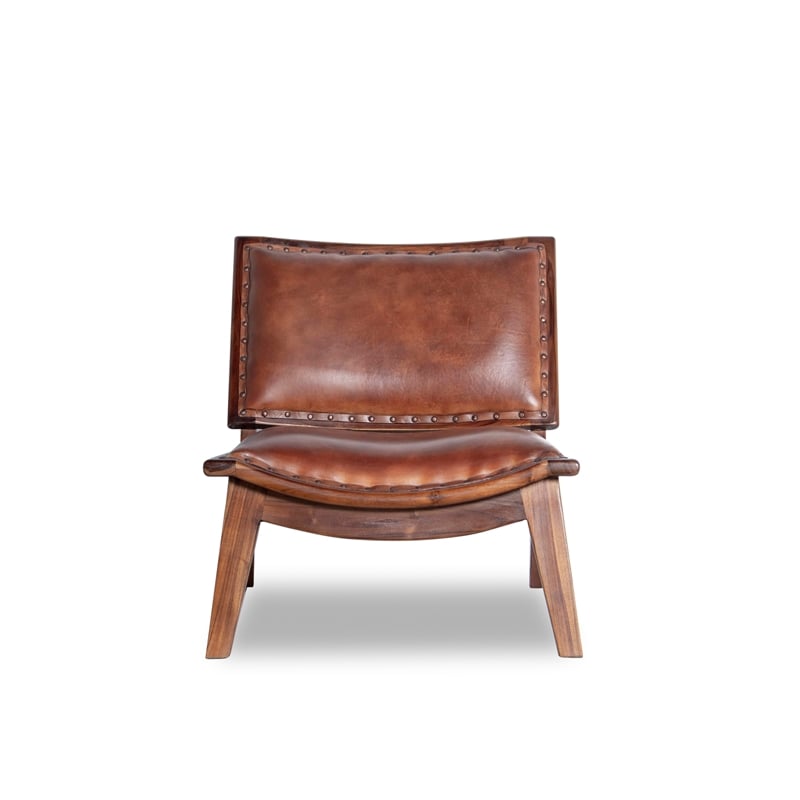 Home Square 2 Piece Mid Century Modern Leather Accent Chair Set in Cognac Tan
