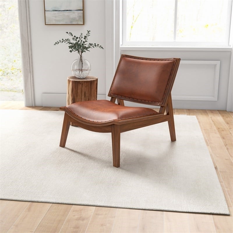Home Square 2 Piece Mid Century Modern Leather Accent Chair Set in Cognac Tan