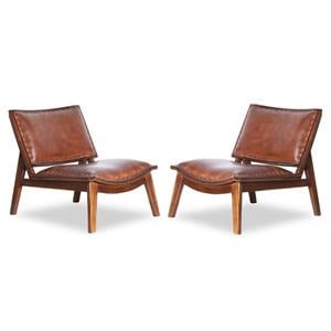Home Square 2 Piece Mid Century Modern Leather Accent Chair Set in Cognac Tan