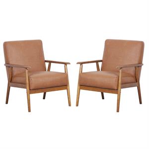 home square 2 piece wood frame faux leather accent chair set in cognac brown
