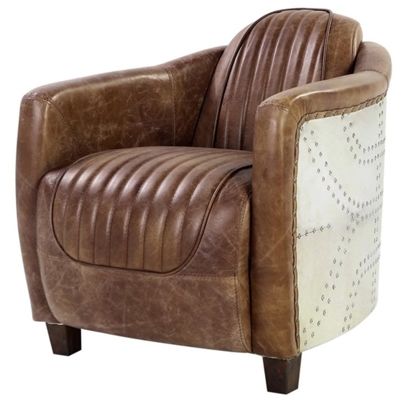 Home Square 2 Piece Top Grain Leather and Aluminum Chair Set in Retro Brown