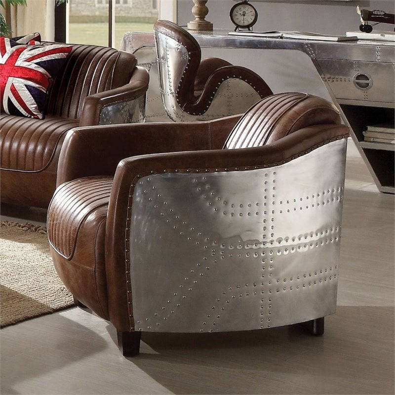 Home Square 2 Piece Top Grain Leather and Aluminum Chair Set in Retro Brown