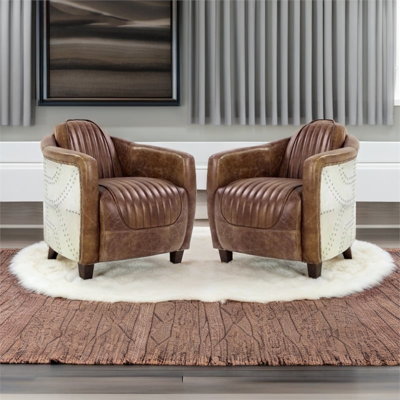 Home Square 2 Piece Top Grain Leather and Aluminum Chair Set in Retro Brown