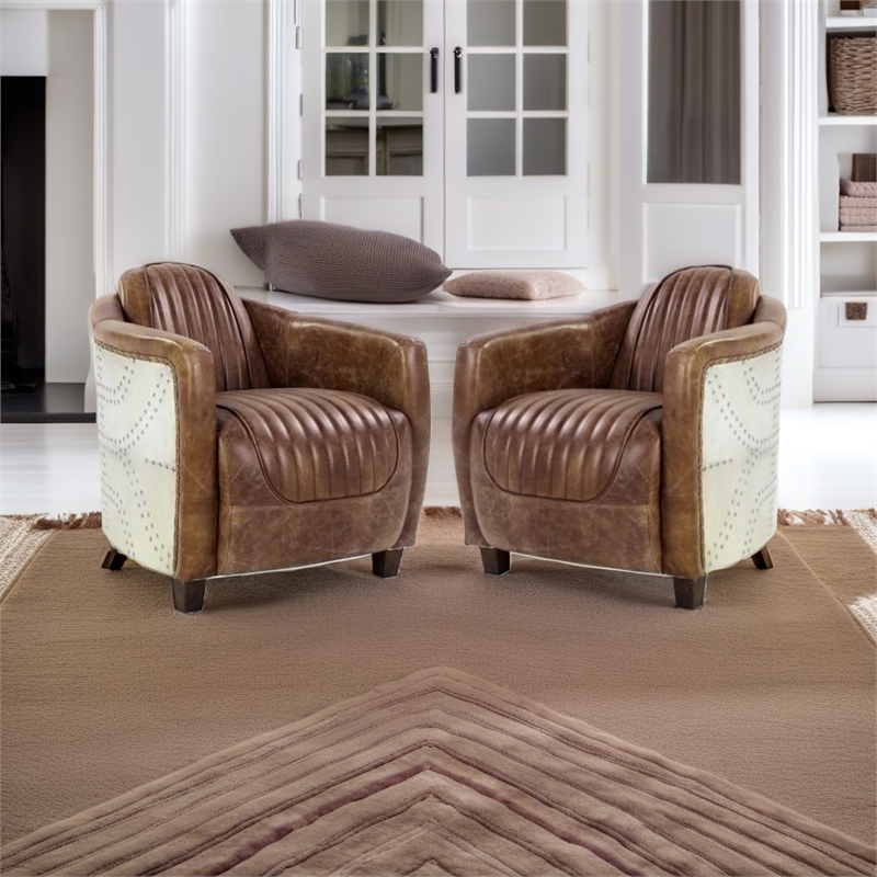 Home Square 2 Piece Top Grain Leather and Aluminum Chair Set in Retro Brown