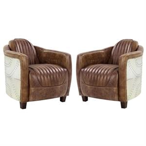 Home Square 2 Piece Top Grain Leather and Aluminum Chair Set in Retro Brown