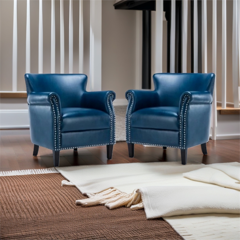 Home Square 2 Piece Faux Leather Club Accent Chair Set in Navy Blue