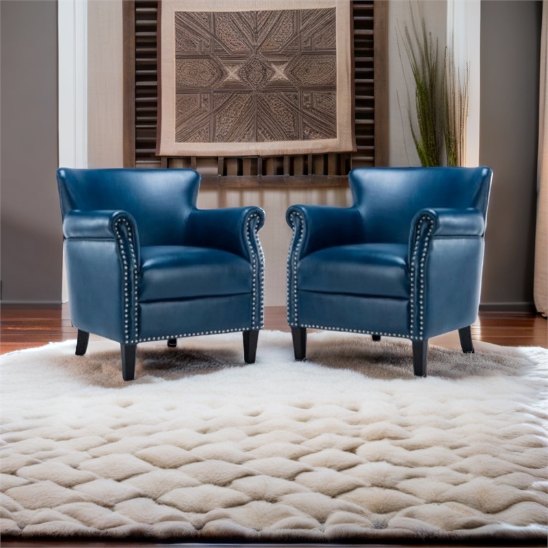 Home Square 2 Piece Faux Leather Club Accent Chair Set in Navy Blue