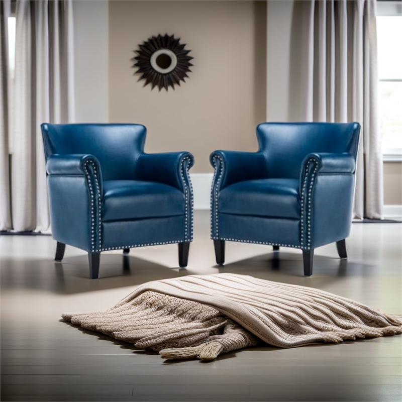 Home Square 2 Piece Faux Leather Club Accent Chair Set in Navy Blue