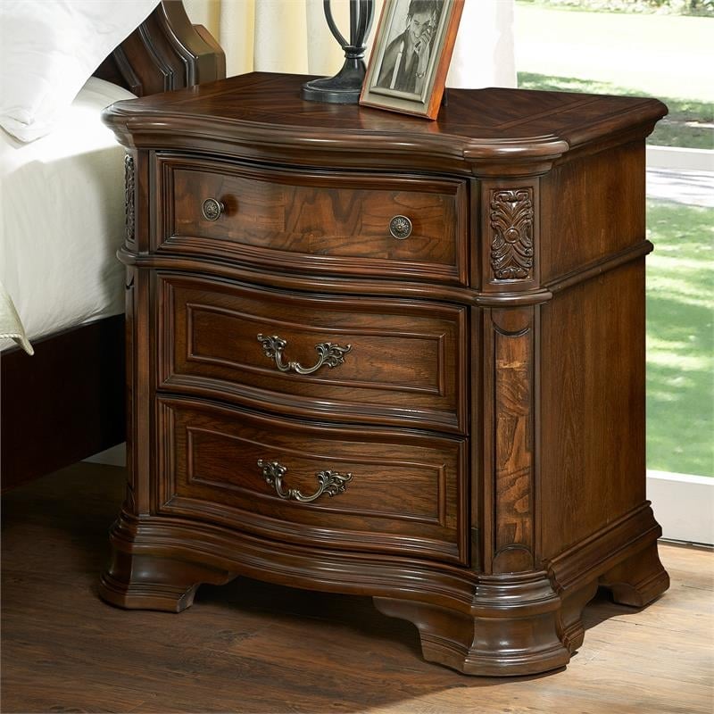 Home Square 2 Piece Solid Wood Nightstand Set with 3 Drawer in Brown Cherry