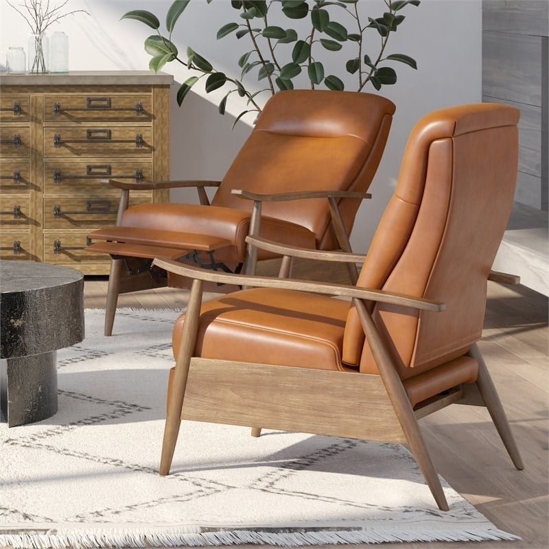Home Square 2 Piece Faux Leather Arm Recliner Chair Set with Wood Base in Brown