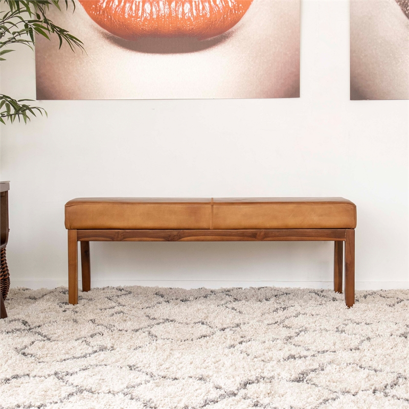 Home Square 2 Piece Asher Genuine Leather Bench Set in Cognac Tan