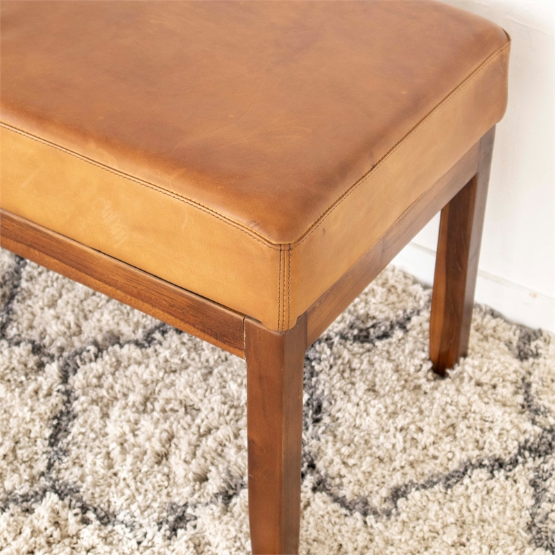 Home Square 2 Piece Asher Genuine Leather Bench Set in Cognac Tan