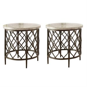 Home Square 2 Piece Metal Base End Table Set with Stone Top in Bronze