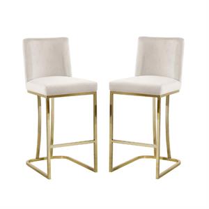 Home Square 2 Piece Upholstered Velvet Stool Set with Gold Metal Base in Cream