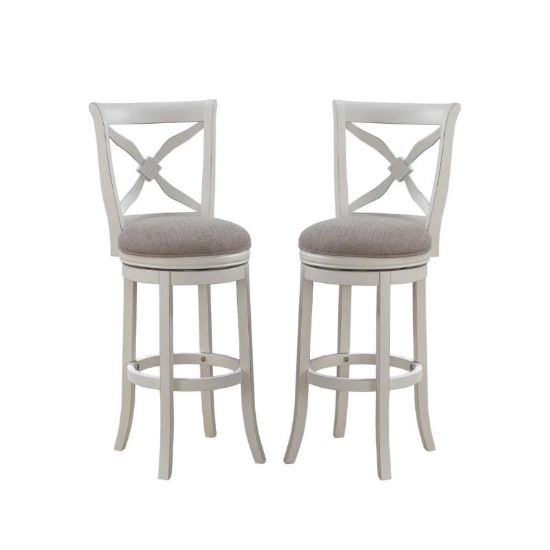 Home Square 2 Piece Swivel Wood Bar Stool Set in Distressed Antique White