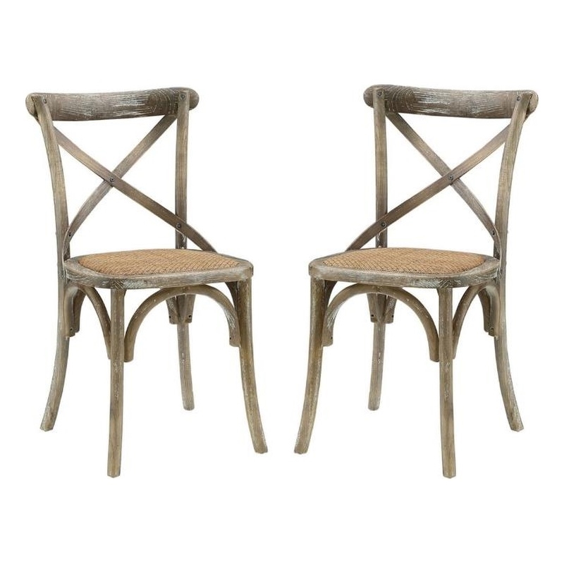 Home Square 2 Piece Wood Dining Chair Set with Rattan Seat in Gray/Natural
