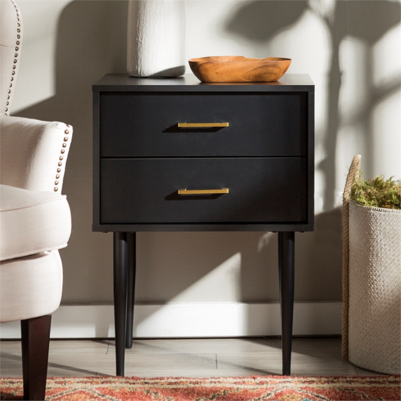 Home Square 2 Piece Modern Wood Side Table Set with Gold Metal Handle in Black