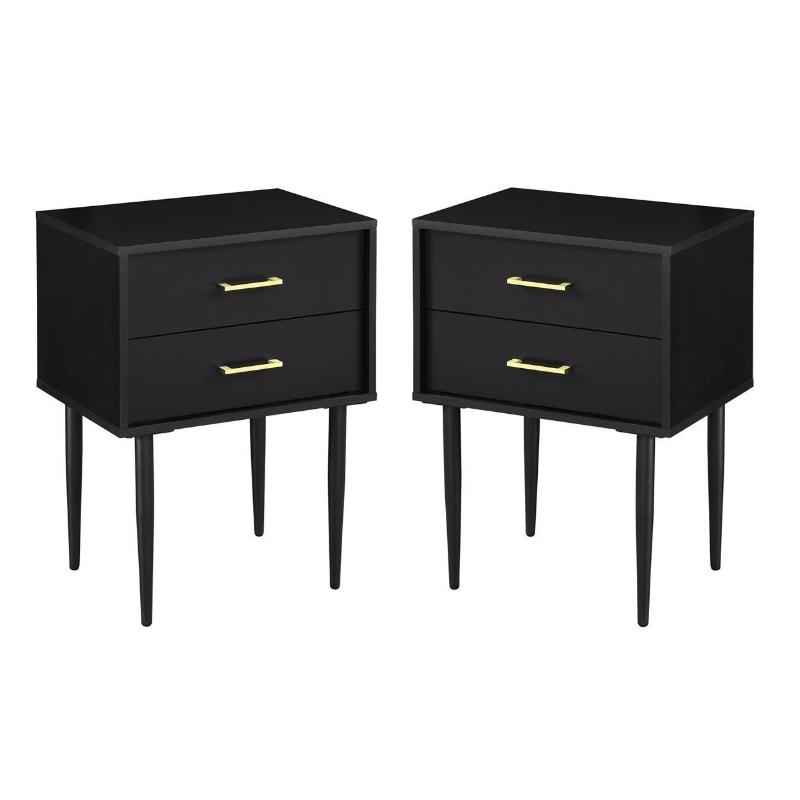 Home Square 2 Piece Modern Wood Side Table Set with Gold Metal Handle in Black