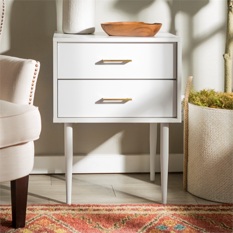 Home Square 2 Piece Modern Wood Side Table Set with Gold Metal Handle in White