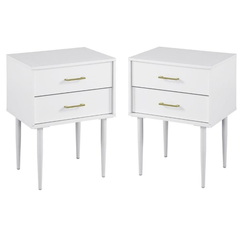 Home Square 2 Piece Modern Wood Side Table Set with Gold Metal Handle in White