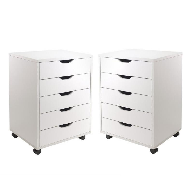 Home Square 2 Piece Wood Mobile Storage Cabinet Set with 5 Drawer in White