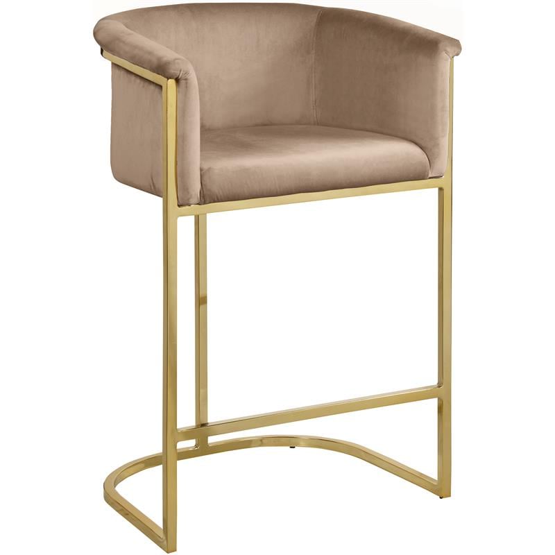 Home Square 2 Piece Velvet Counter Stool Set with Gold Metal Base in Beige