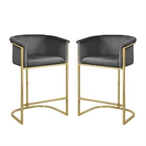 Home Square 2 Piece Velvet Counter Stool Set with Gold Metal Base in Gray