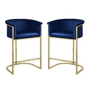 Home Square 2 Piece Velvet Counter Stool Set with Gold Metal Base in Navy Blue