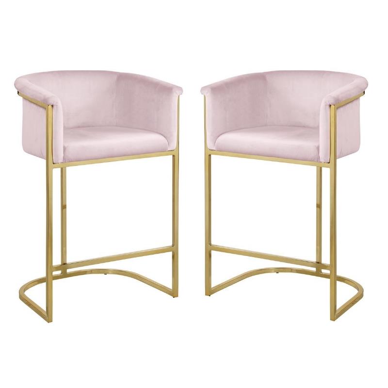 Home Square 2 Piece Velvet Counter Stool Set with Gold Metal Base in Pink