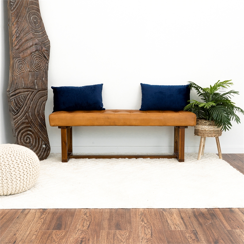 Home Square 2 Piece Mid Century Modern Genuine Leather Bench Set in Espresso