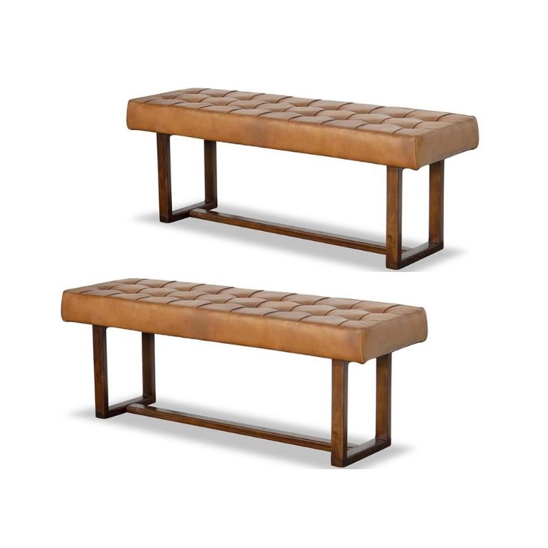 Home Square 2 Piece Mid Century Modern Genuine Leather Bench Set in Espresso