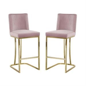 Home Square 2 Piece Velvet Counter Stool Set with Gold Metal Base in Pink