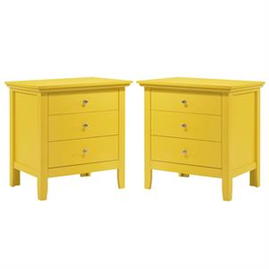 Home Square 2 Piece Solid Wood Nightstand Set with 3 Drawer in Yellow