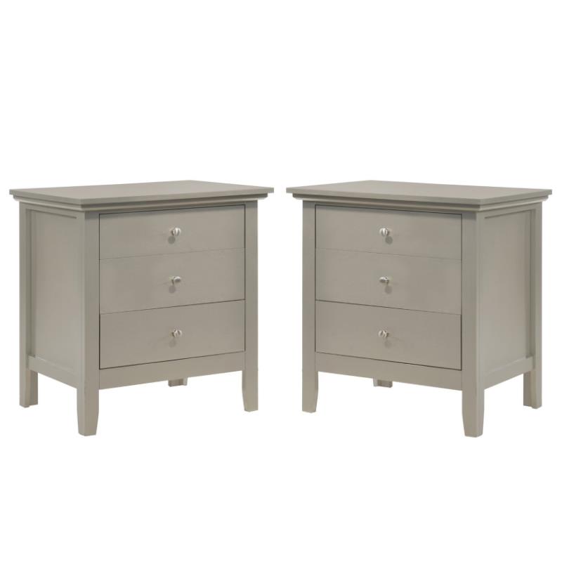 Home Square 2 Piece Solid Wood Nightstand Set with 3 Drawer in Silver Champagne