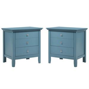 Home Square 2 Piece Solid Wood Nightstand Set with 3 Drawer in Teal Blue