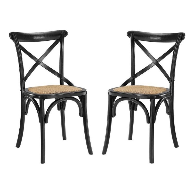 Home Square 2 Piece Wood Frame/Rattan Seat Dining Chair Set in Black/Natural