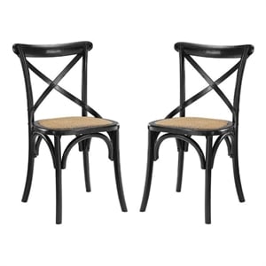 Home Square 2 Piece Wood Frame/Rattan Seat Dining Chair Set in Black/Natural
