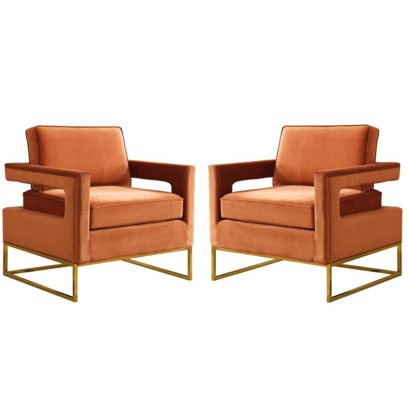 Home Square 2 Piece Upholstered Velvet Accent Chair Set in Cognac and Gold