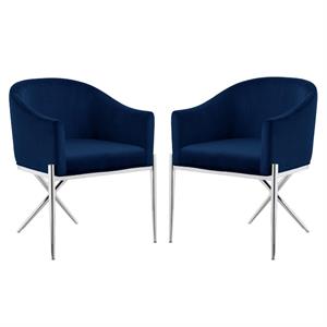 Home Square 2 Piece Velvet Dining Chair Set with Silver Metal Base in Navy