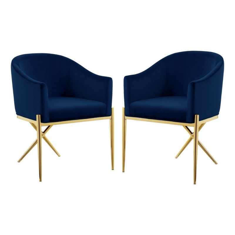 Home Square 2 Piece Velvet Dining Chair Set with Gold Metal Base in Navy Blue