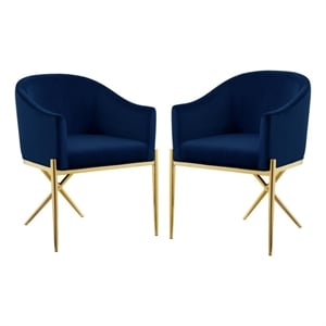 Home Square 2 Piece Velvet Dining Chair Set with Gold Metal Base in Navy Blue