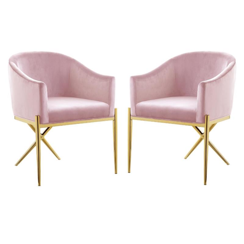 Home Square 2 Piece Velvet Dining Chair Set with Gold Metal Base in Pink