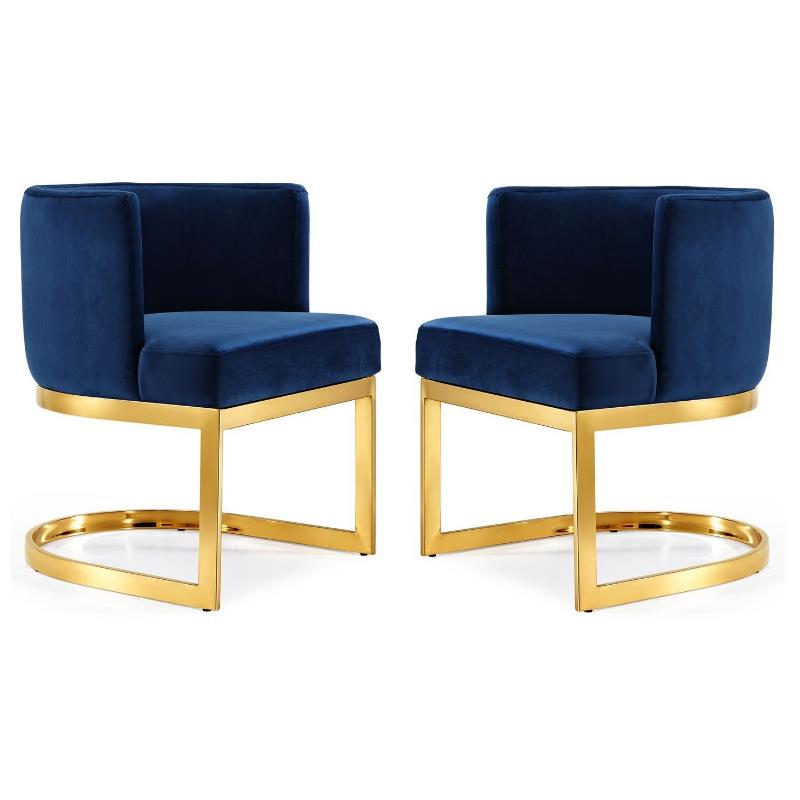 Home Square 2 Piece Velvet Dining Chair Set with Gold Metal Base in Navy Blue