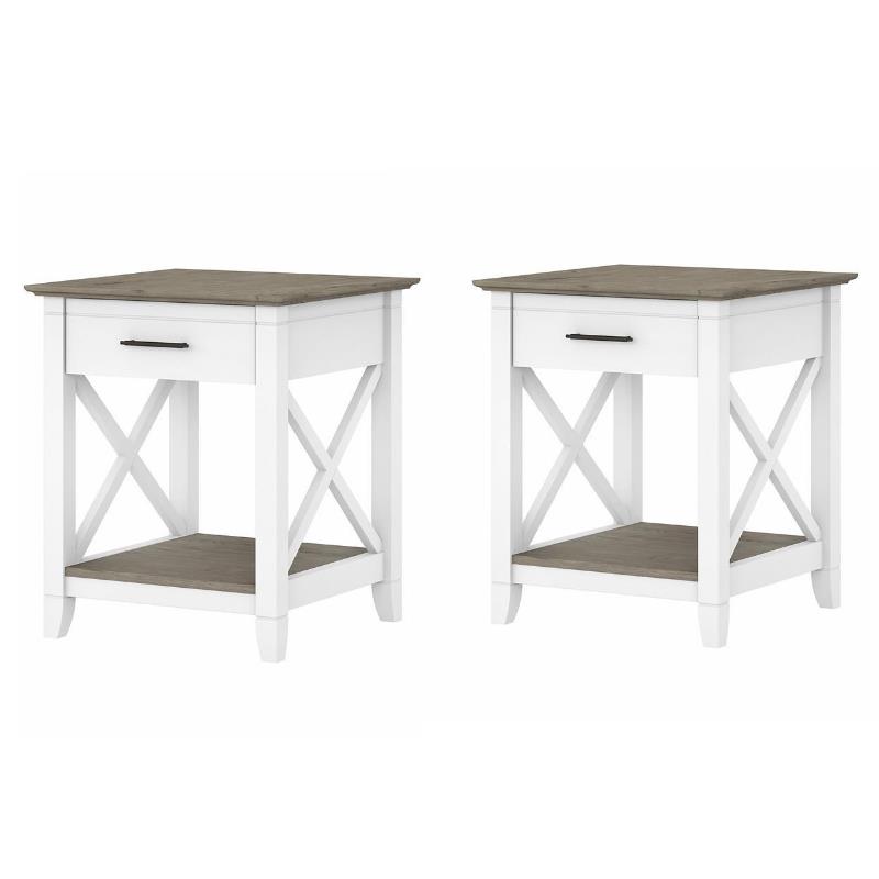 Home Square 2 Piece Wood End Table Set with Storage in Pure White and Gray