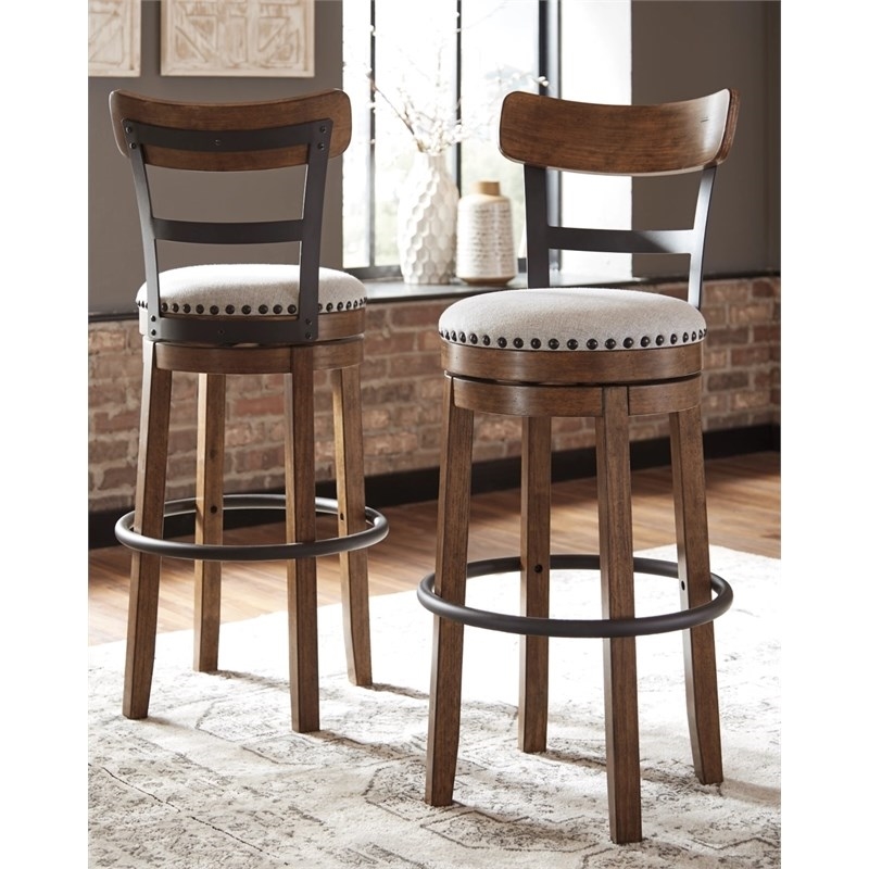 Home Square 2 Piece Swivel Wood Bar Stool Set with Fabric Seat in Brown